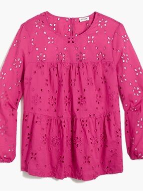 J. Crew Eyelet Tiered Long-Sleeve Top in Fuchsia, Size XS